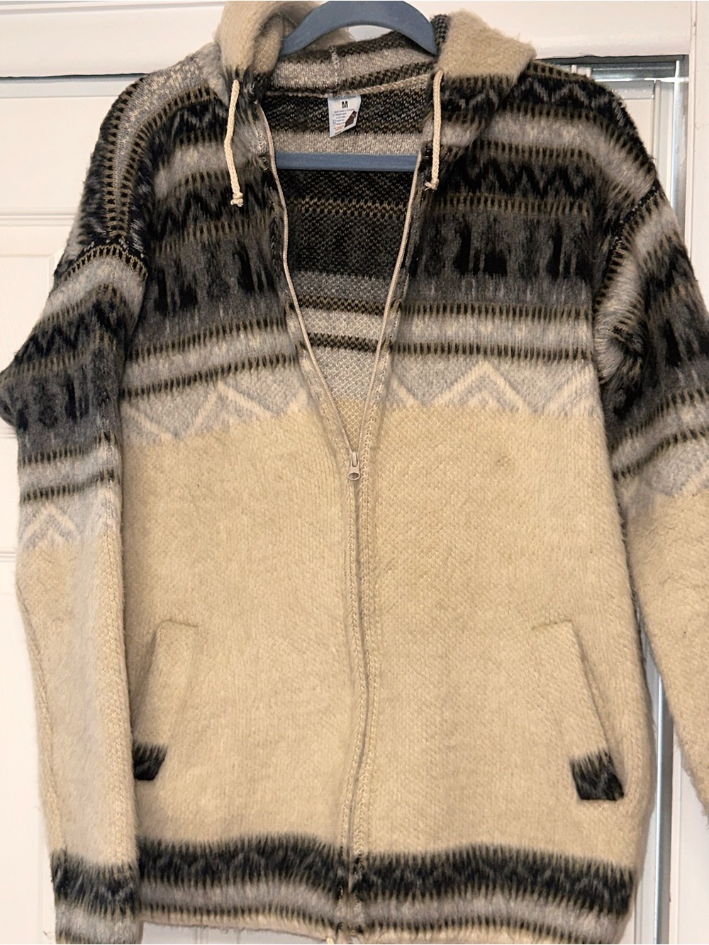 Women's Cream Hooded Zip Cardigan with Black Pattern